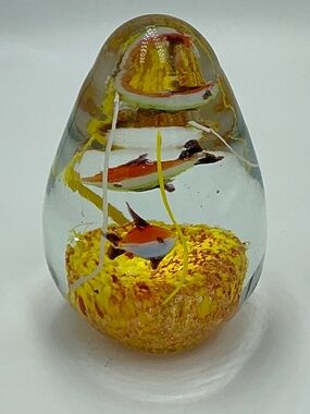Vintage Egg Shaped Art Glass Paperweight Aquarium Red Fish Yellow Coral